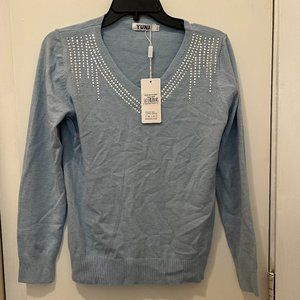 Yuna: V-Neck, Long Sleeve Sweater, Color: Blue, Size: Small/Medium
